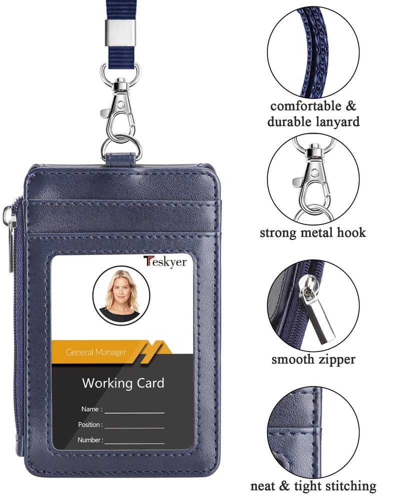 Teskyer Badge Holder with Side Zip Pocket, Multiple Card Slots Leather ID Holder Wallet with Neck Lanyard for Office Staffs, Teachers/Students, Couriers, Workers, Blue - Image 3